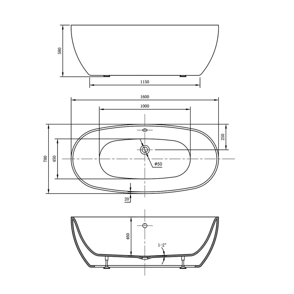Акриловая ванна 160x78 Vincea (VBT-405-1600), овальная