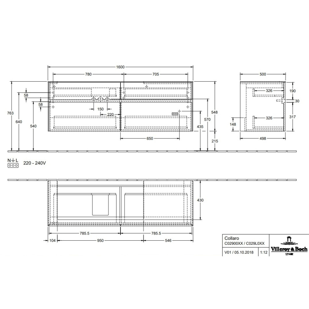Villeroy Boch Collaro C029L0VK Тумба под раковину 1600х500 мм (Soft Grey)