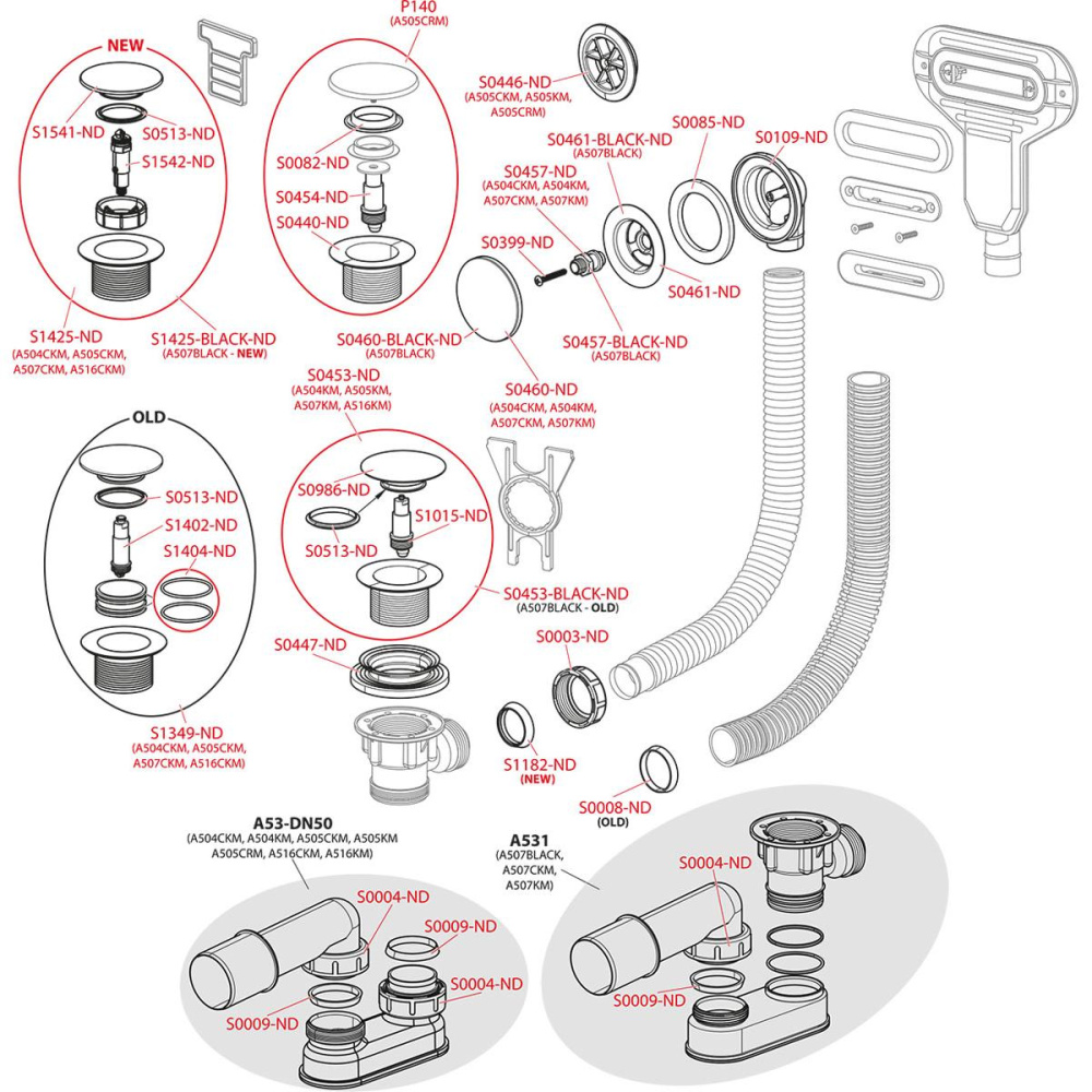 Фото Alcaplast Сифон для ванны комплект click/clack пластик/металл (длина 100 см), A505CKM-100