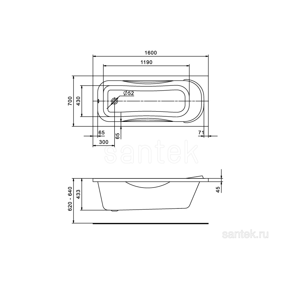 Акриловая ванна 160x70 Santek (1.WH30.2.357), прямоугольная
