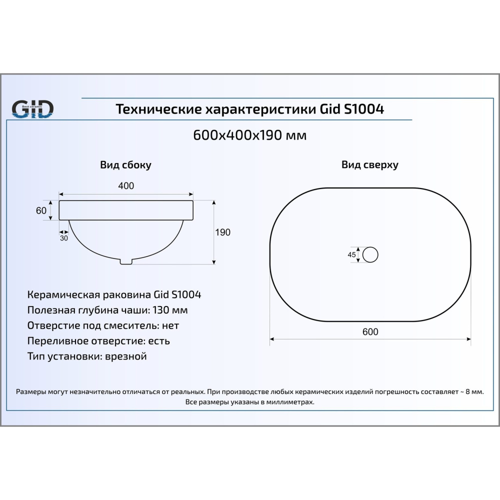 Раковина встраиваемая сверху Gid S1004