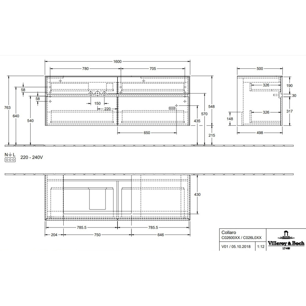 Villeroy Boch Collaro C026L0VK Тумба под раковину 1600х500 мм (Soft Grey)