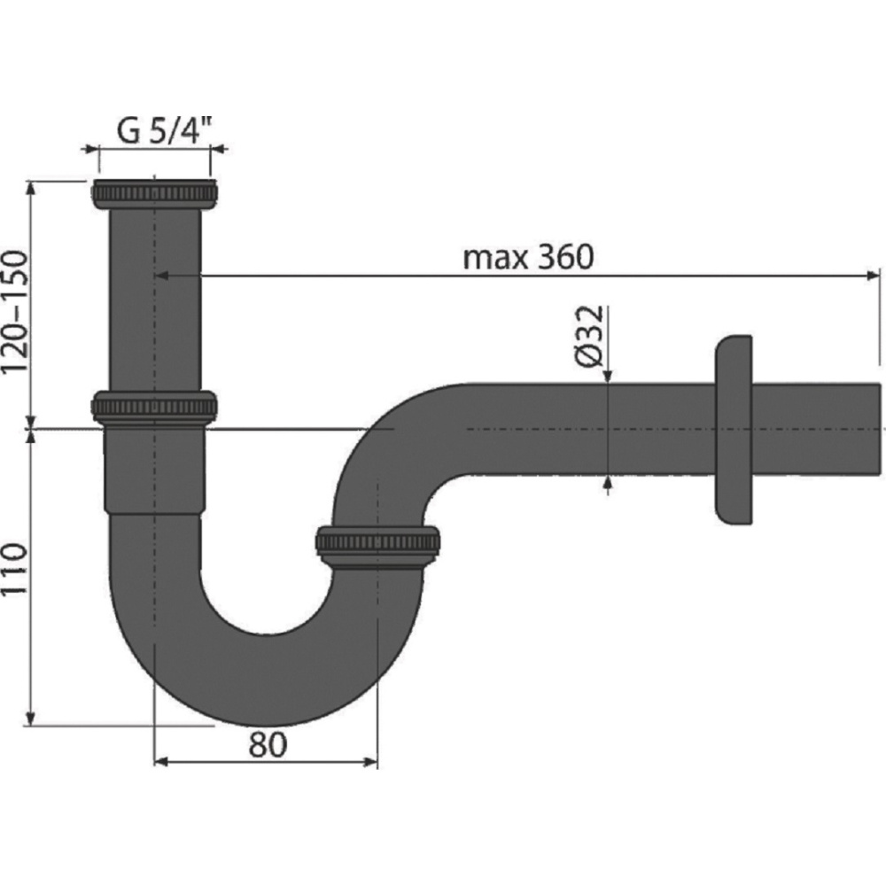 Сифон для раковины AlcaPlast A4320BLACK, DN32, U-форма с накидной гайкой 5/4 дюйма, цвет - черный ма