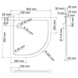 Душевой поддон WasserKRAFT Berkel 48T01, четверть круга, R550, 90 х 90 х 4 см, из искусственного кам