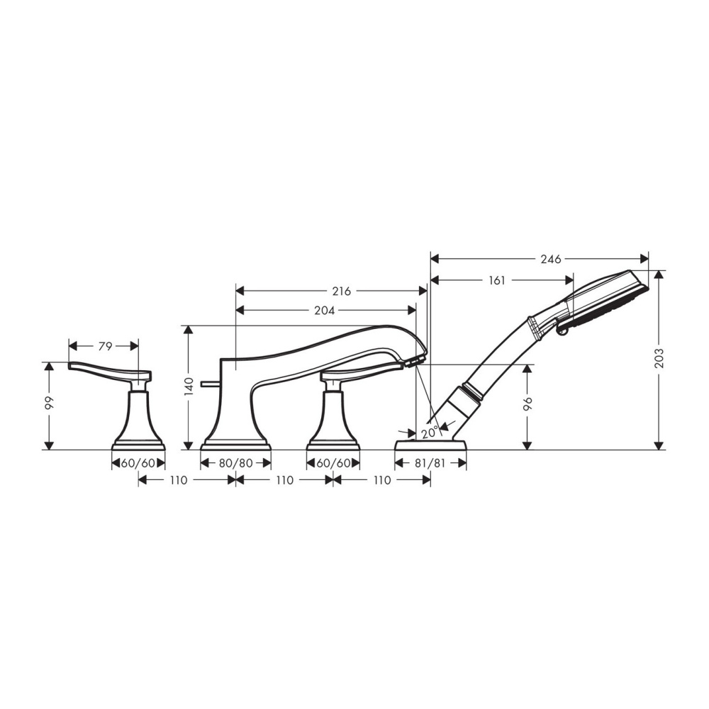 Смеситель на борт ванны на 4 отверстия 31441090 Hansgrohe Metropol Classic (хром, золото)