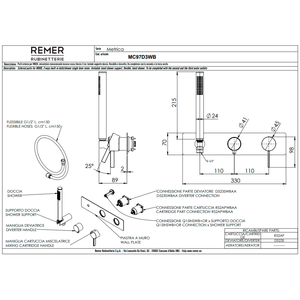 Фото Смеситель для душа Remer Metrica MC97D3WBRP, медь брашированная