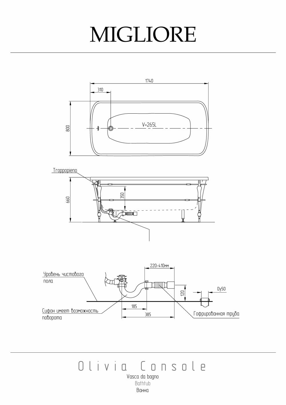 Фото Migliore Olivia 24327 Ванна 174x83хH66 см, панель белая, консоль, слив/перелив хром