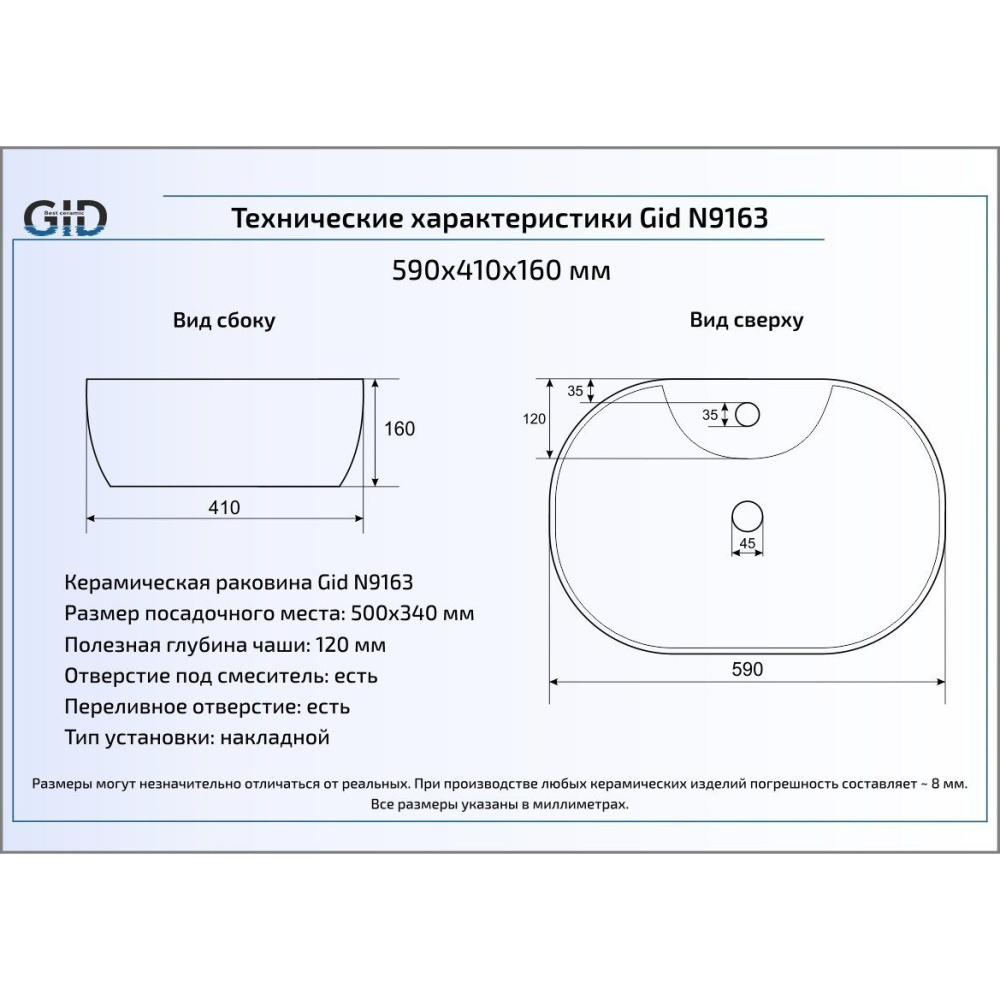 Раковина накладная Gid N9163
