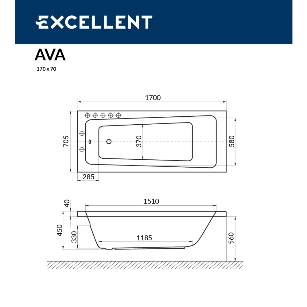 Акриловая ванна 170x70 Excellent (WAEX.AVA17WH), прямоугольная