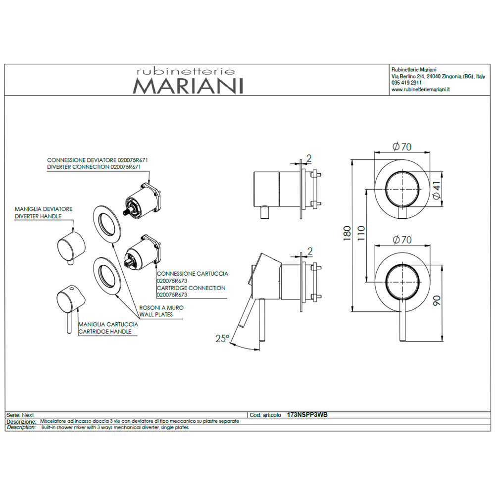 Фото Смеситель для душа Mariani Next B16173NSPP3WB, нержавеющая сталь