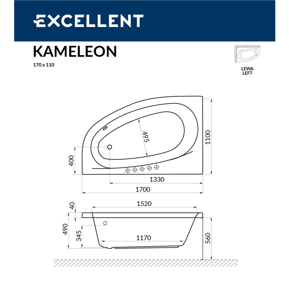 Акриловая ванна 170x110 Excellent (WAEX.KML17WH), асимметричная
