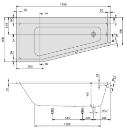 Акриловая ванна 170x80 Villeroy&Boch (UBA178SUB3LIV-01), прямоугольная-асимметричная