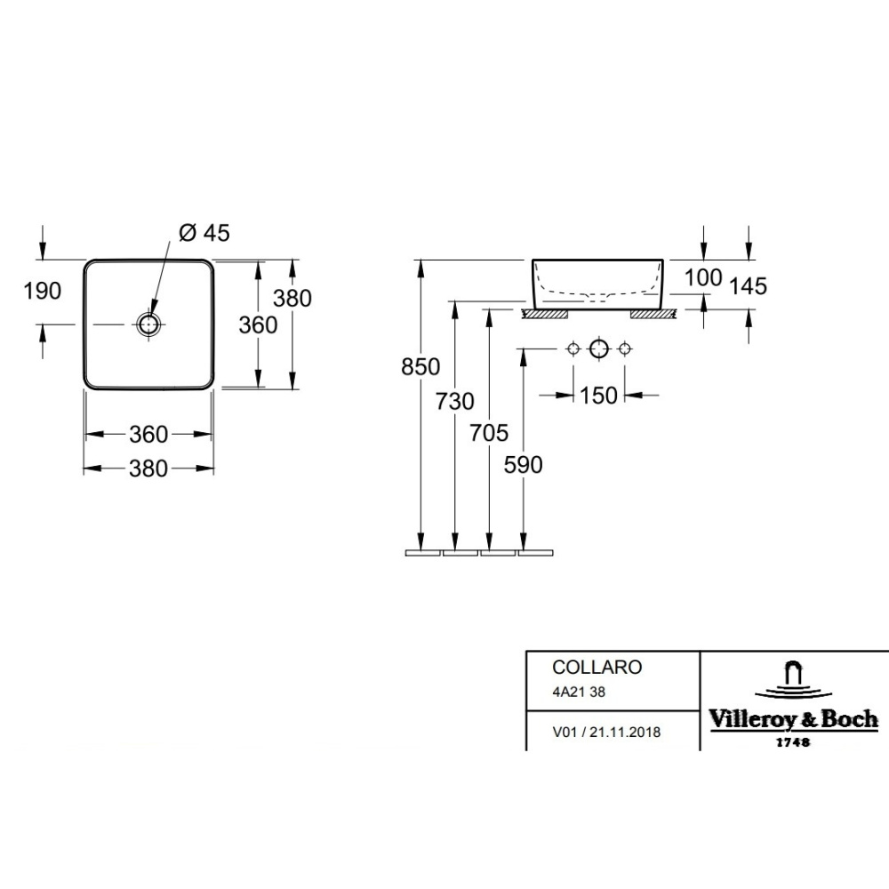 Раковина Villeroy&Boch Collaro 4A213801 встраиваемая сверху, накладная
