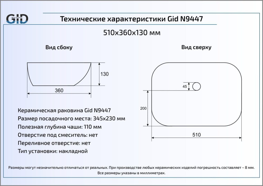 Раковина накладная Gid N9447