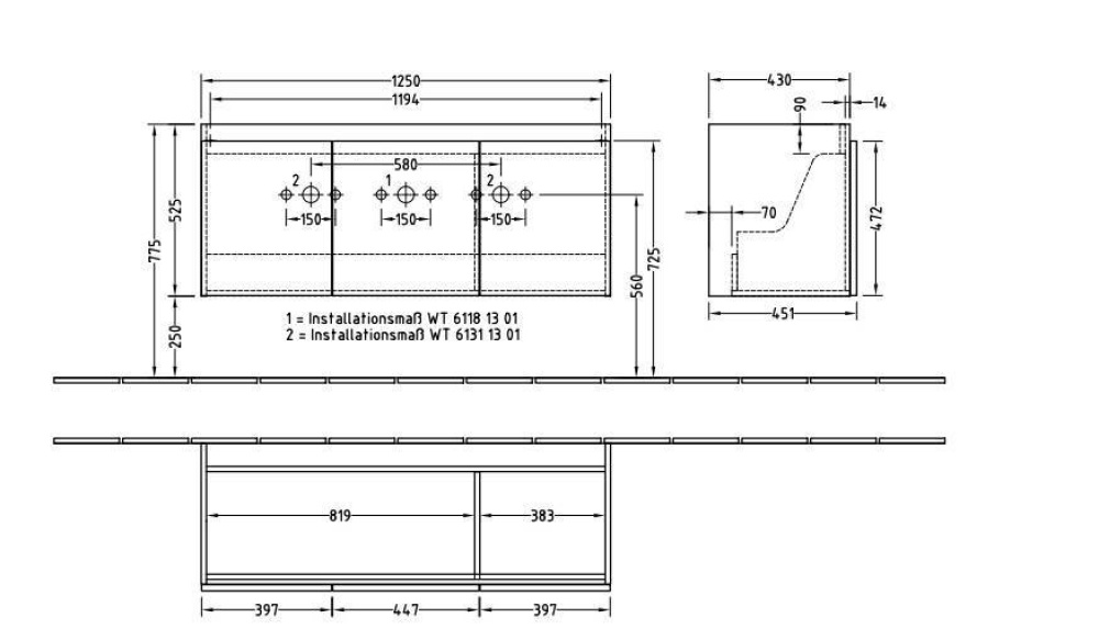 Фото Тумба под раковину A79700NP VILLEROY&BOCH Frame to Frame, 1250 x 525 x 451 мм