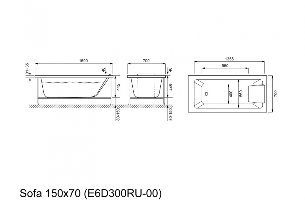 Акриловая ванна 150x70 Jacob Delafon (E6D300RU-00), округлая
