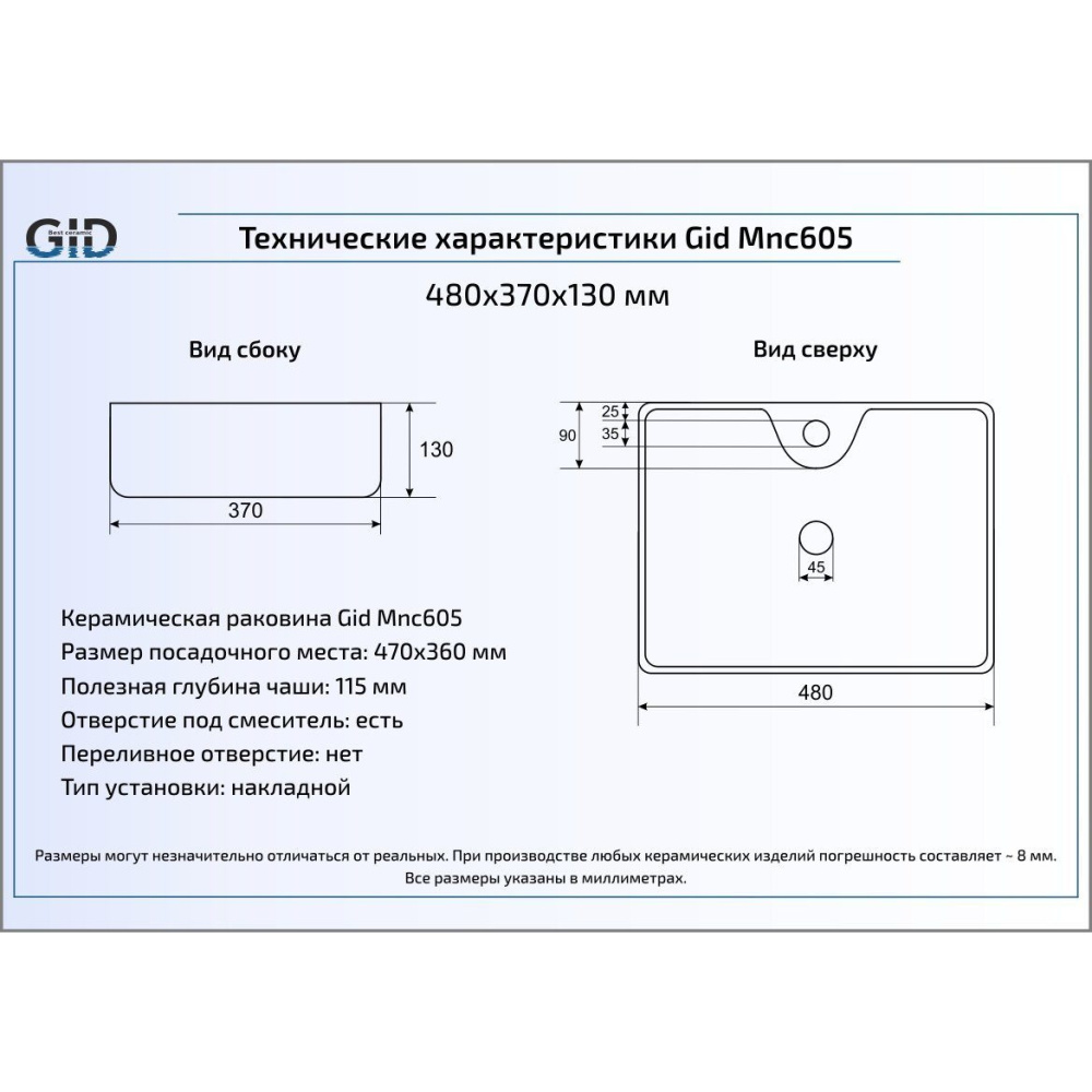 Раковина накладная Gid Mnc605