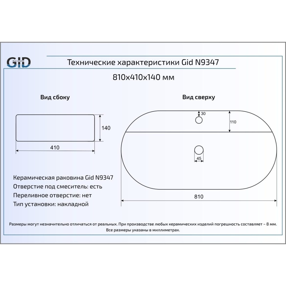 Раковина накладная Gid N9347