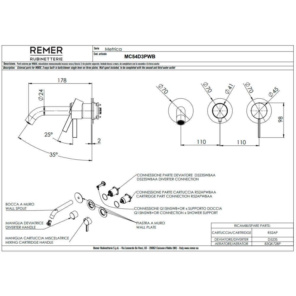 Фото Смеситель для ванны Remer Metrica MC54D3PWBRP, медь брашированная