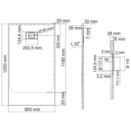Душевой поддон WasserKRAFT Leine 35T06, прямоугольный, 120 х 80 х 2.6 см