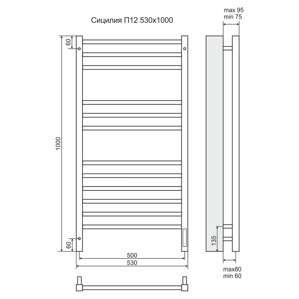 Полотенцесушитель электрический Terminus 4670078526298 Сицилия П12 500x1000, sensor quick touch