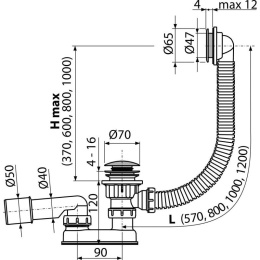 Alcaplast Сифон для ванны комплект click/clack пластик/металл (длина 100 см), A505CKM-100