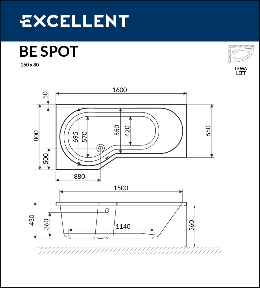 Акриловая ванна 160x80 Excellent (WAEX.BSL16WH), асимметричная