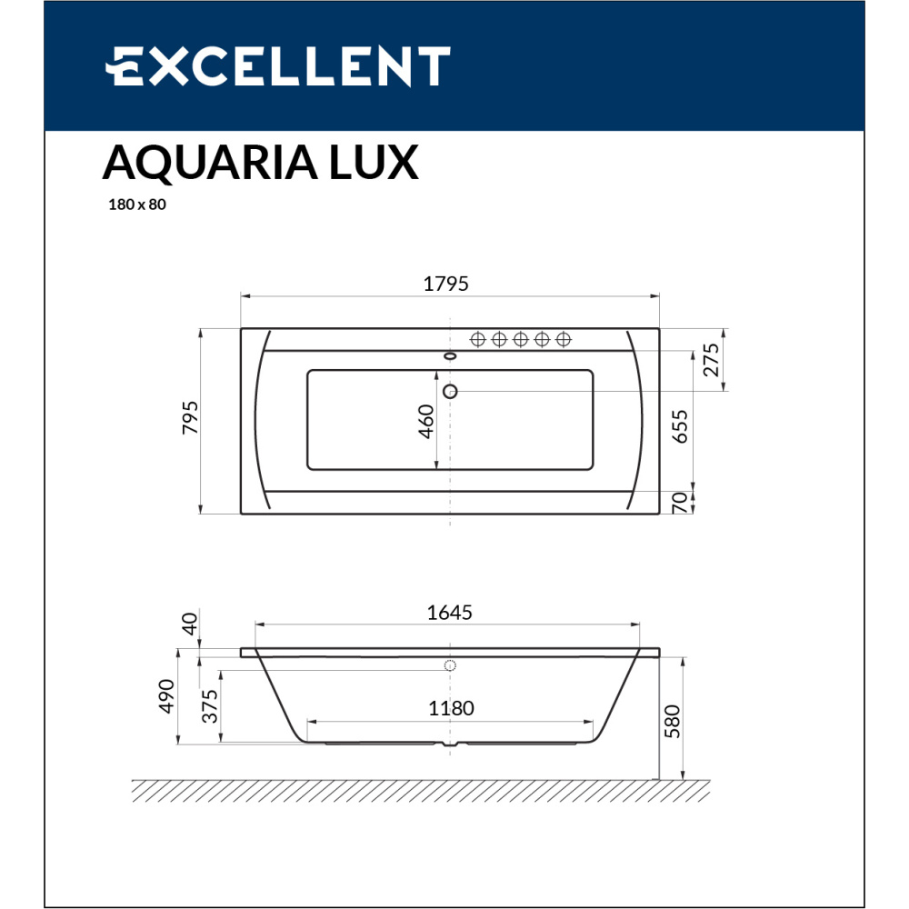 Акриловая ванна 180x80 Excellent (WAEX.AQU18WH), прямоугольная