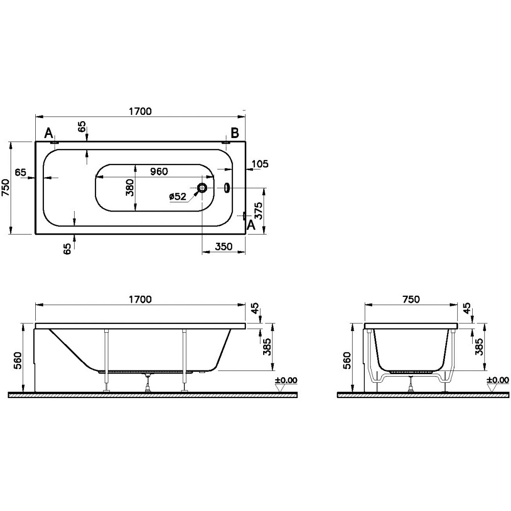 Акриловая ванна 170x75 Vitra (64570001000), прямоугольная