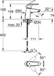 Grohe Eurosmart 23966003 Смеситель для раковины корпус маленький, цвет: хром, без донного клапана