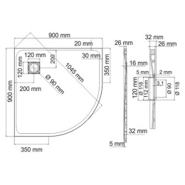Душевой поддон WasserKRAFT Leine 35T01, четверть круга, 90 х 90 х 2.6 см