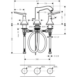 Смеситель для раковины на 3 отверстия 31330090 Hansgrohe Metropol Classic (хром, золото)