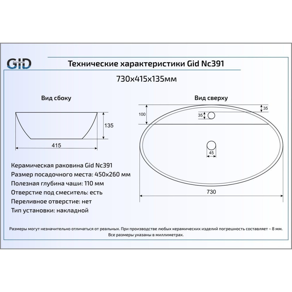 Накладная цветная раковина для ванной Gid Nc391 52211