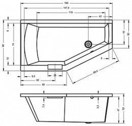 Фото Акриловая ванна 160x90 Riho (B030001005), прямоугольная-асимметричная, Гидромассаж: установка по жел