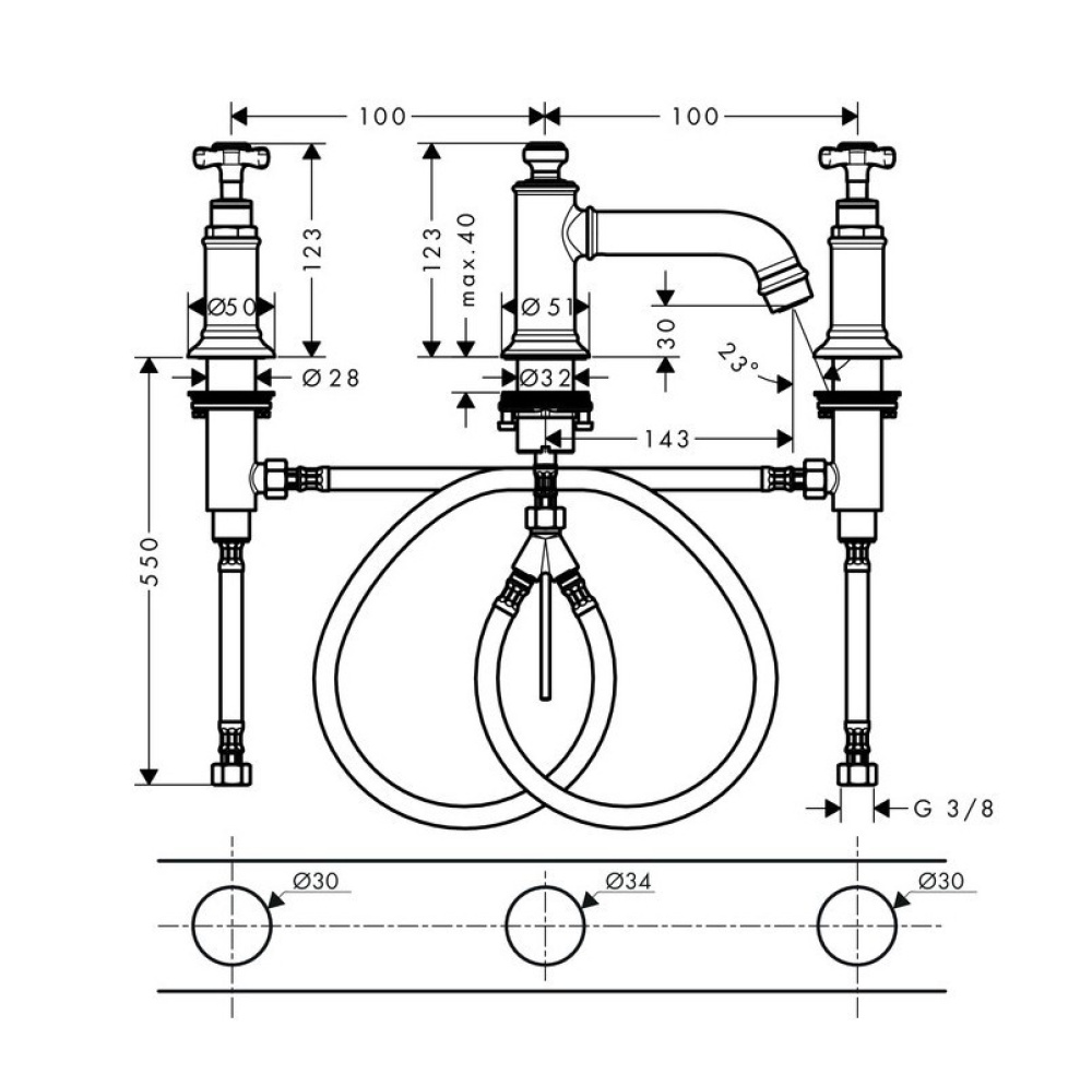 Фото AXOR Montreux 16536340 Смеситель для раковины на три отверстия (Шлифованный черный хром)