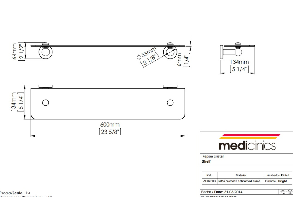 Фото Полка Mediclinics Medicrom (AC0780C) стеклянная, 60 см
