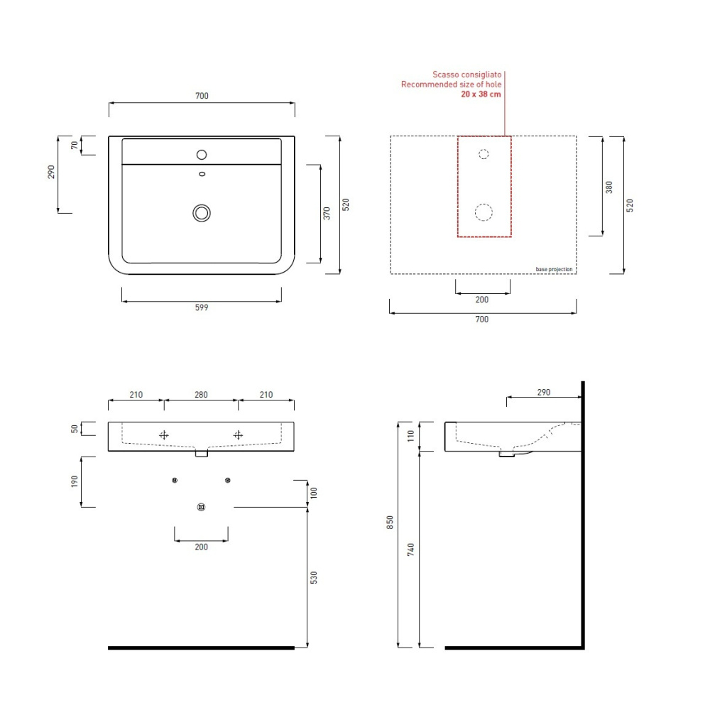 Ceramica CIELO Opera OPLA70/3 - Раковина 70 см с тремя отверстиями для смесителя (цвет - белый)