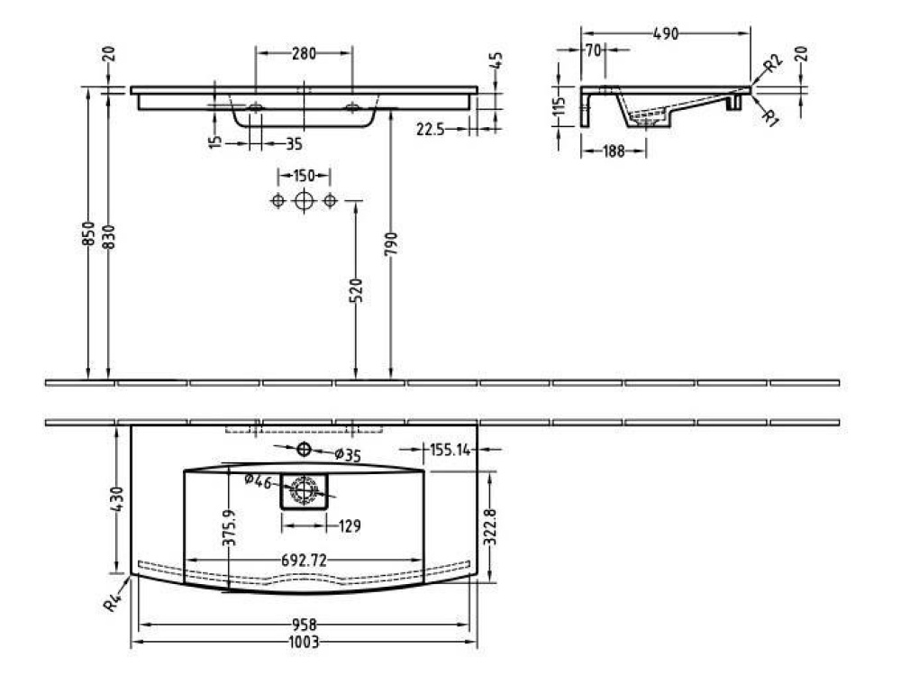 Фото Раковина из искусственного камня B012A001 VILLEROY&BOCH NEXT2U, 1003х490 мм