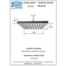 Remer 356SD25X Душевая головка с шарнирным соединением, пластик 250*250
