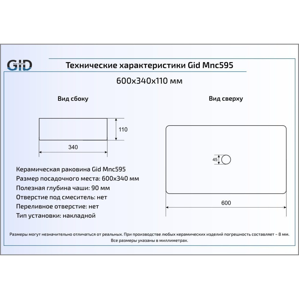 Раковина накладная Gid Mnc595