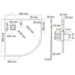 Душевой поддон WasserKRAFT Leine 35T01, четверть круга, 90 х 90 х 2.6 см