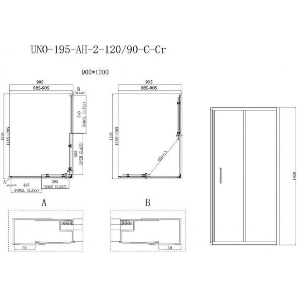 Душевой уголок BelBagno Uno-195, UNO-195-AH-2-120/90-C-Cr, 120 х 90 х 195 см, профиль хром