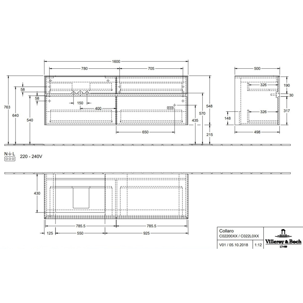 Villeroy Boch Collaro C022L0VK Тумба под раковину 1600х500 мм (Soft Grey)