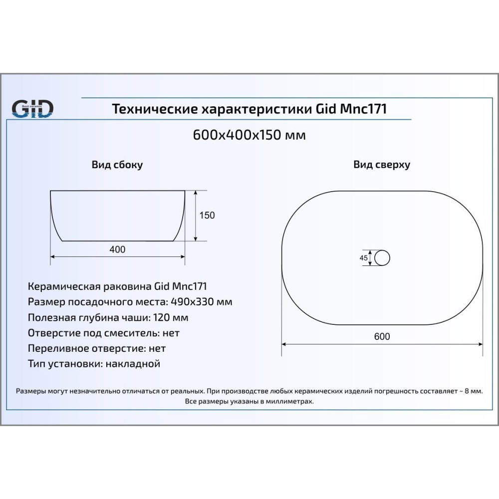 Раковина накладная Gid Mnc171