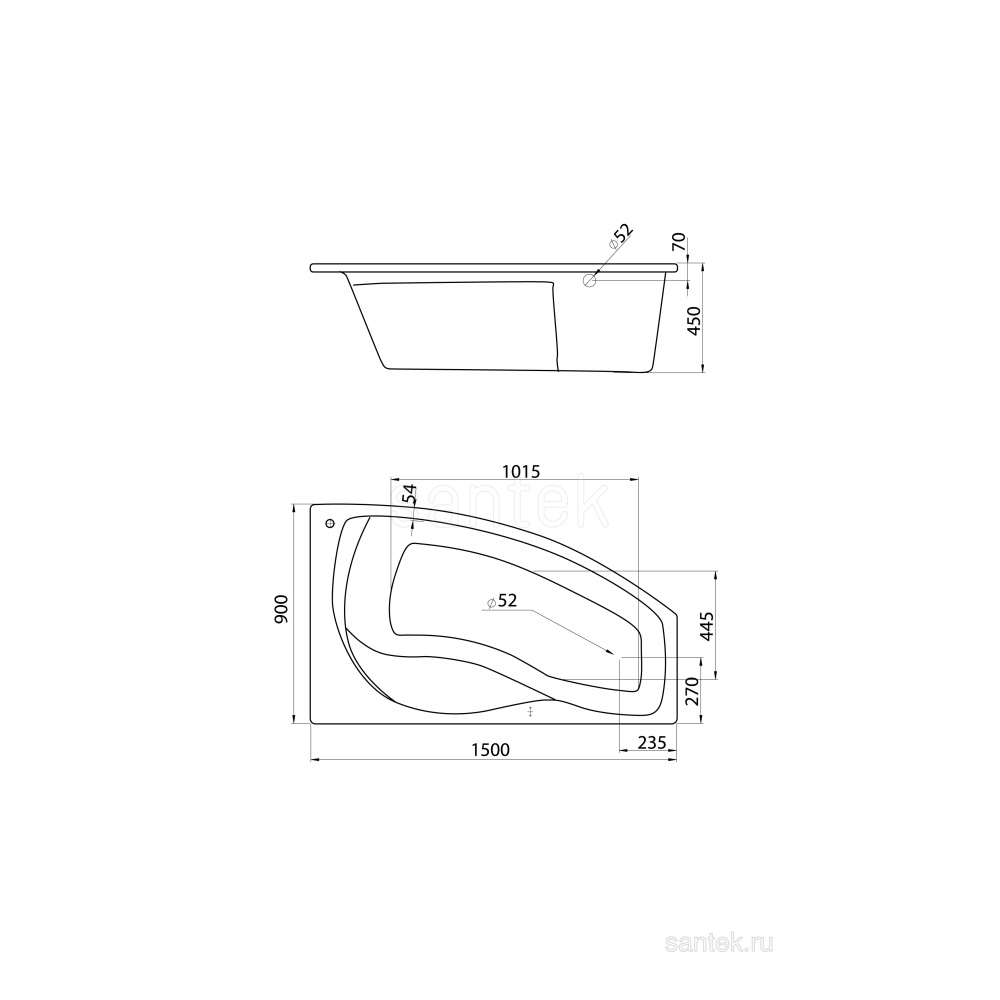 Акриловая ванна 150x90 Santek (1.WH11.1.985), асимметричная