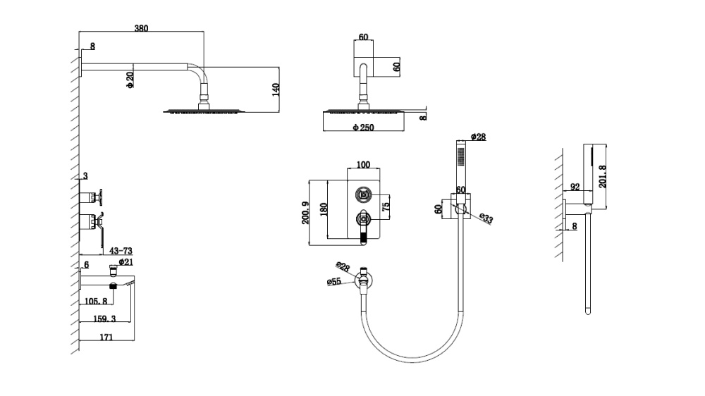 Душевой комплект Bronze de Luxe 1760'S Loft (6630SB) черный, матовый