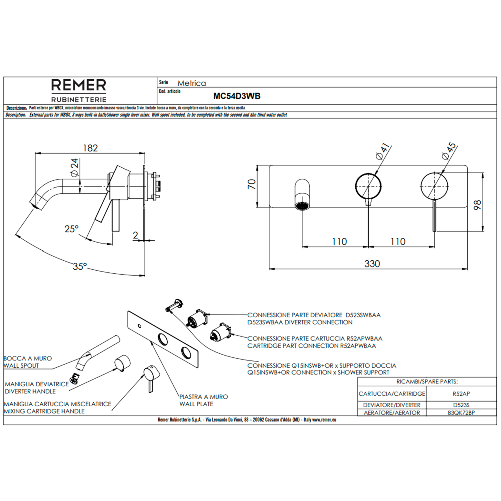 Фото Смеситель для ванны Remer Metrica MC54D3WBBG, золото брашированное