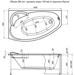Акриловая ванна 170x90 Aquanet (00204039), асимметричная