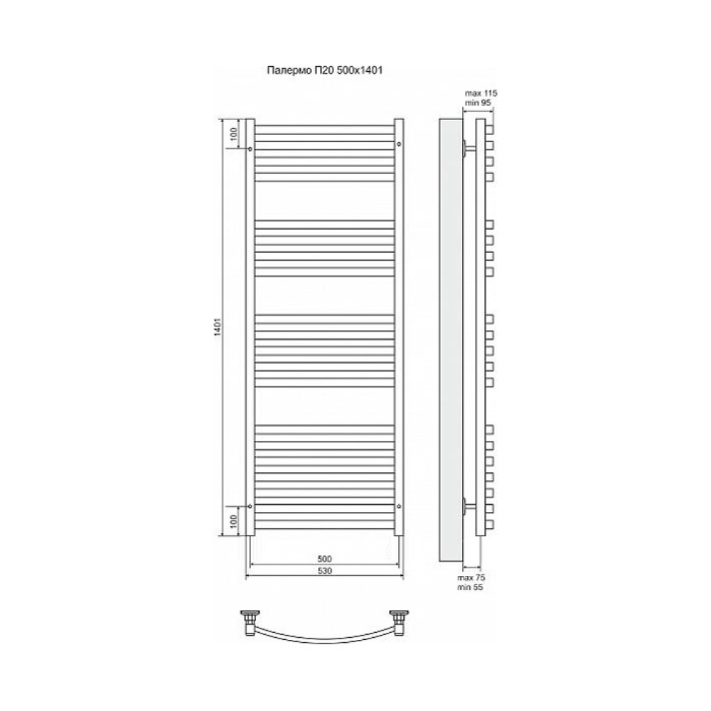Фото Полотенцесушитель электрический Terminus 4660059921044 Палермо П20 500x1401, ТЭН HT-1 300W, левый/пр