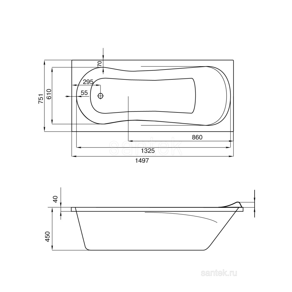 Акриловая ванна 150x75 Santek (1.WH30.2.383), прямоугольная